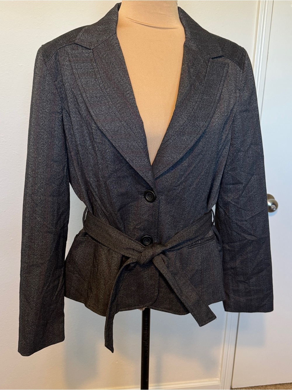 Larry Levine Dark Charcoal Pinstriped Belted Blazer